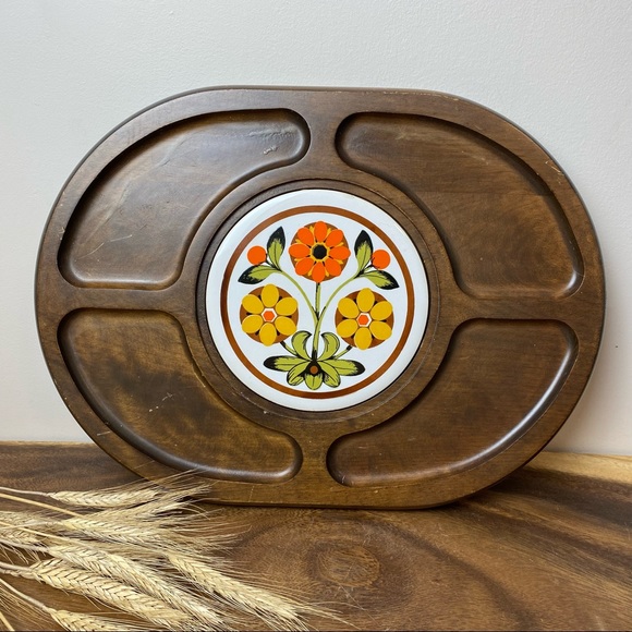 Vintage Retro Wood & Tile Charcuterie Board, Cheese Board Appetizer Tray